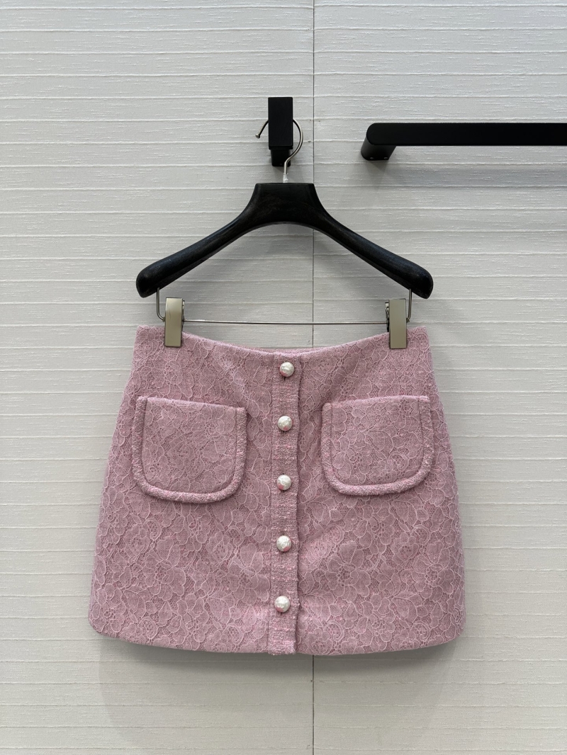 Chanel Pink Tweed and Lace Mini Skirt | A-Line Cut | Pearl Buttons