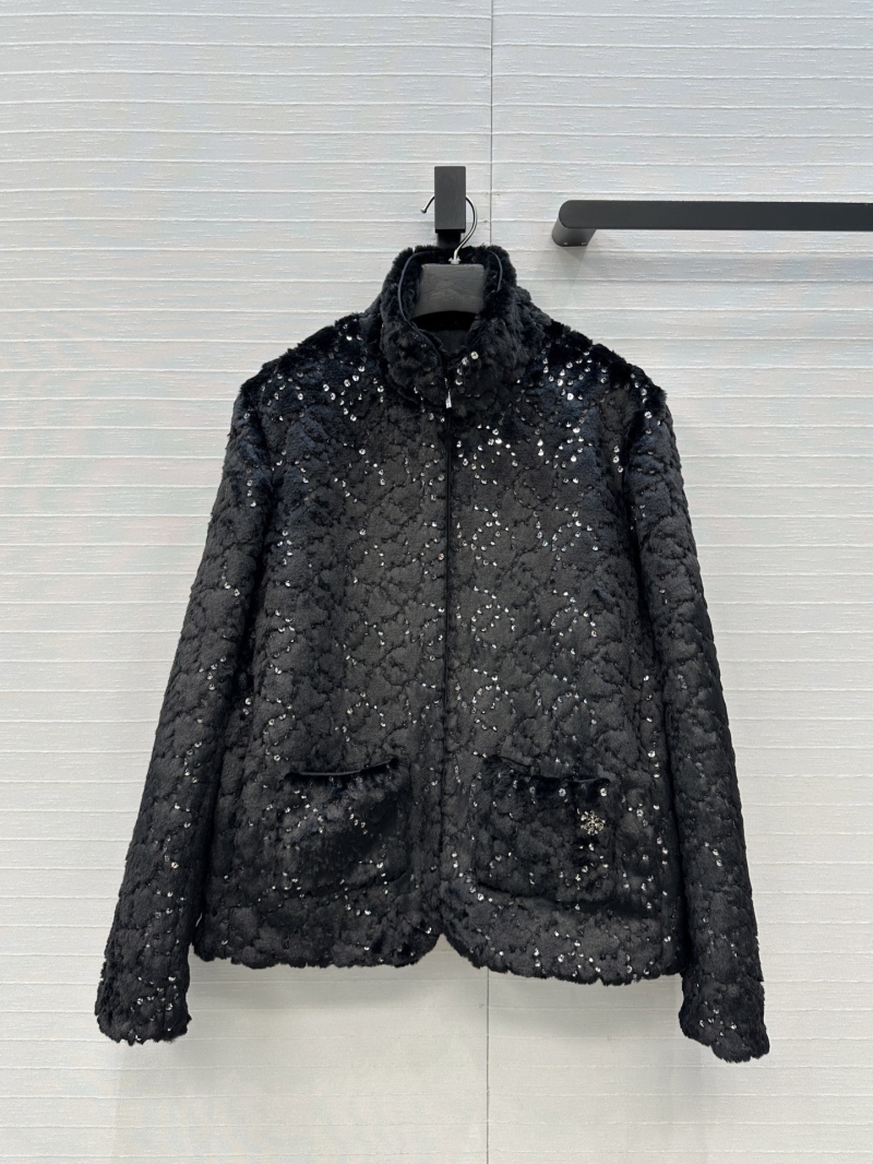 Chanel Ski Collection Black Eco-Conscious Fur-Embroidered Jacket | Imitation Mink with Sequins | H-Silhouette Luxury Outerwear