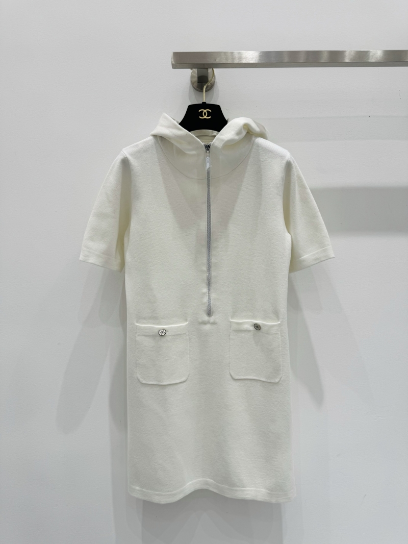 Chanel Hooded Zip-Front Wool Dress in Off-White | Oversized Fit, Half-Zip Detail, Patch Pockets