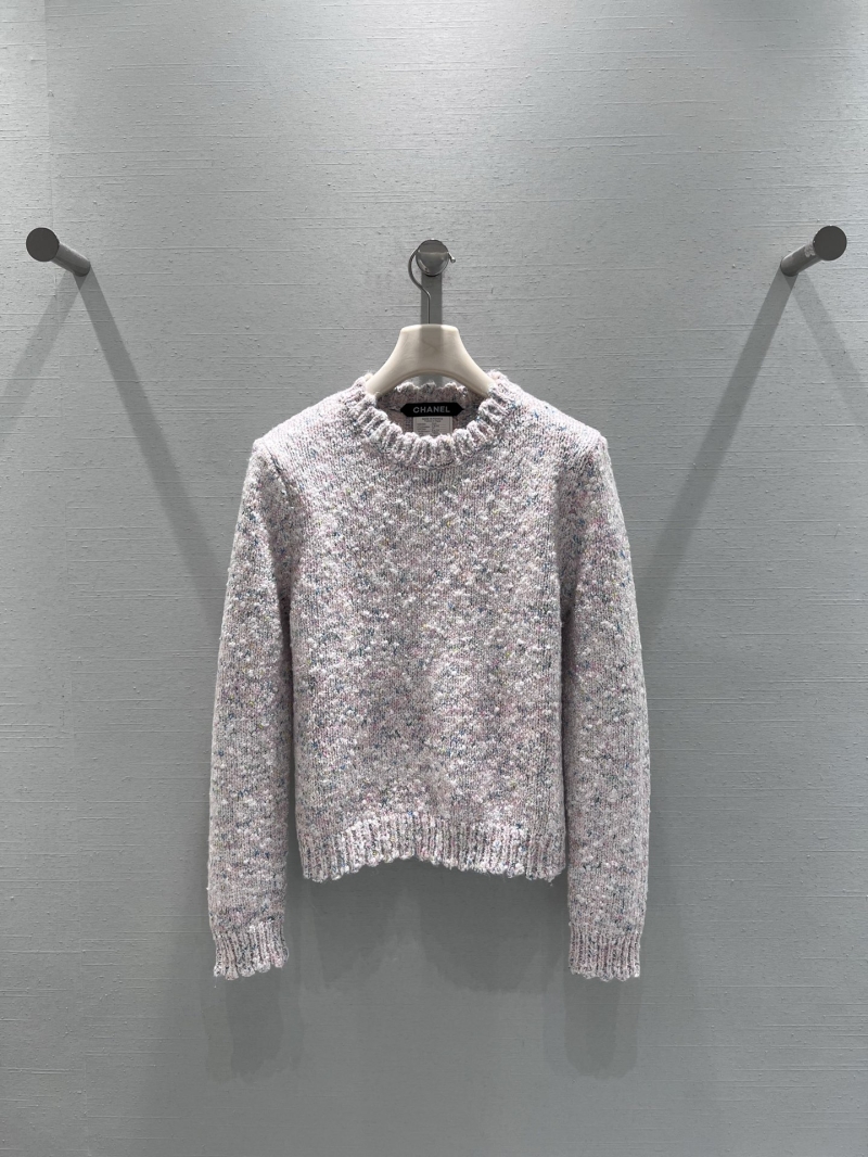 Chanel Pastel Speckled Cropped Knit Sweater - Limited Edition Bouclé Wool Blend with Ribbed Cuffs and Feminine Crew Neck