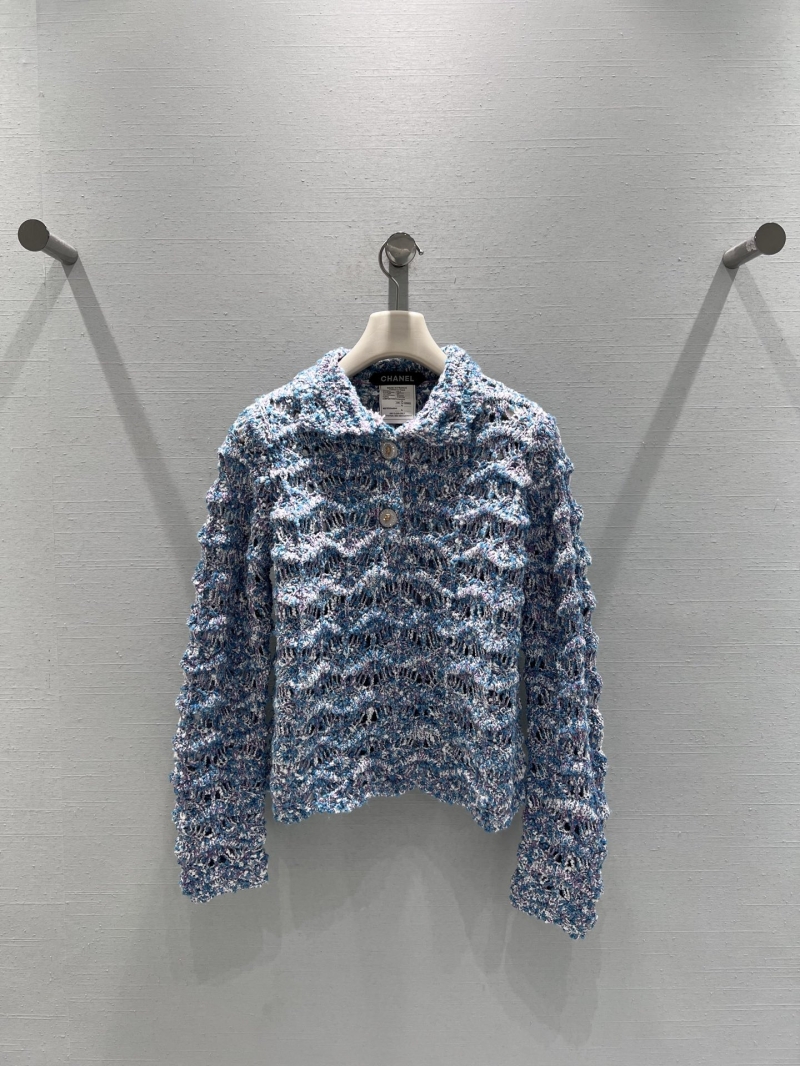 Chanel 25 Autumn Winter Limited Edition Wave-Pattern Open-Knit Cardigan: Blue-Purple Marl, Artisan Crochet, Gold-Tone Hardware