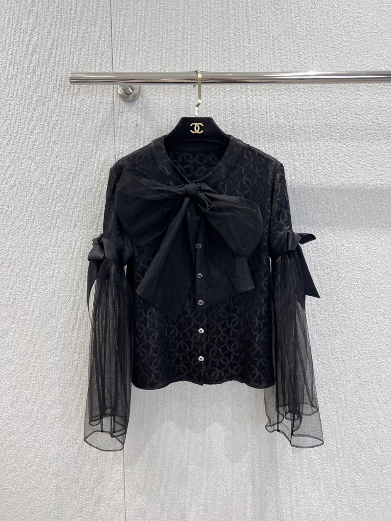Chanel Black Tulle Bow Blouse | Artisan Collection | Sheer Monogram Silk, Dramatic Bow, Silver Buttons