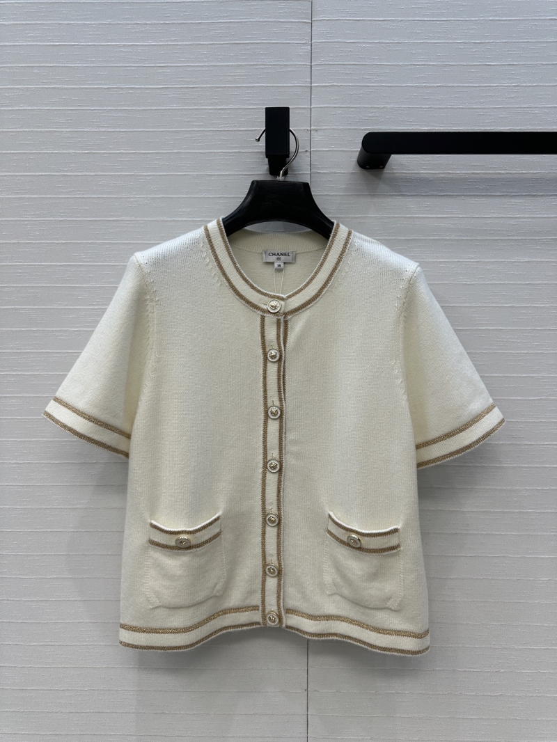 Chanel Fine Knit Short-Sleeve Cardigan - White & Gold Metallic Trim - Round Neck Single-Breasted Couture-Inspired Top