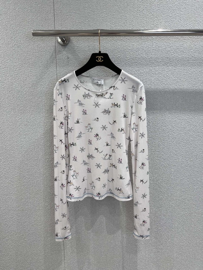 Chanel Long-Sleeved Top with Hand-Painted Ski Print and Crystal Bow