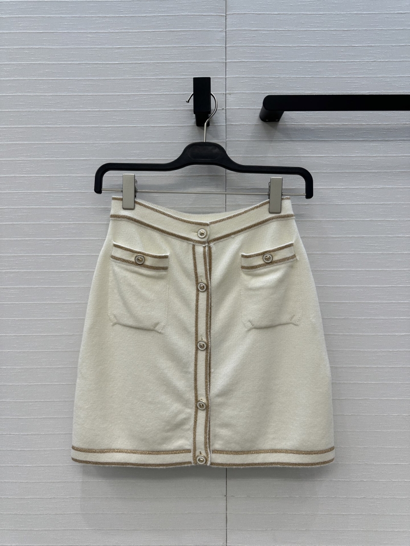 Chanel White and Gold Metallic Knit A-Line Skirt with Imported Yarn and Ornate Button Details