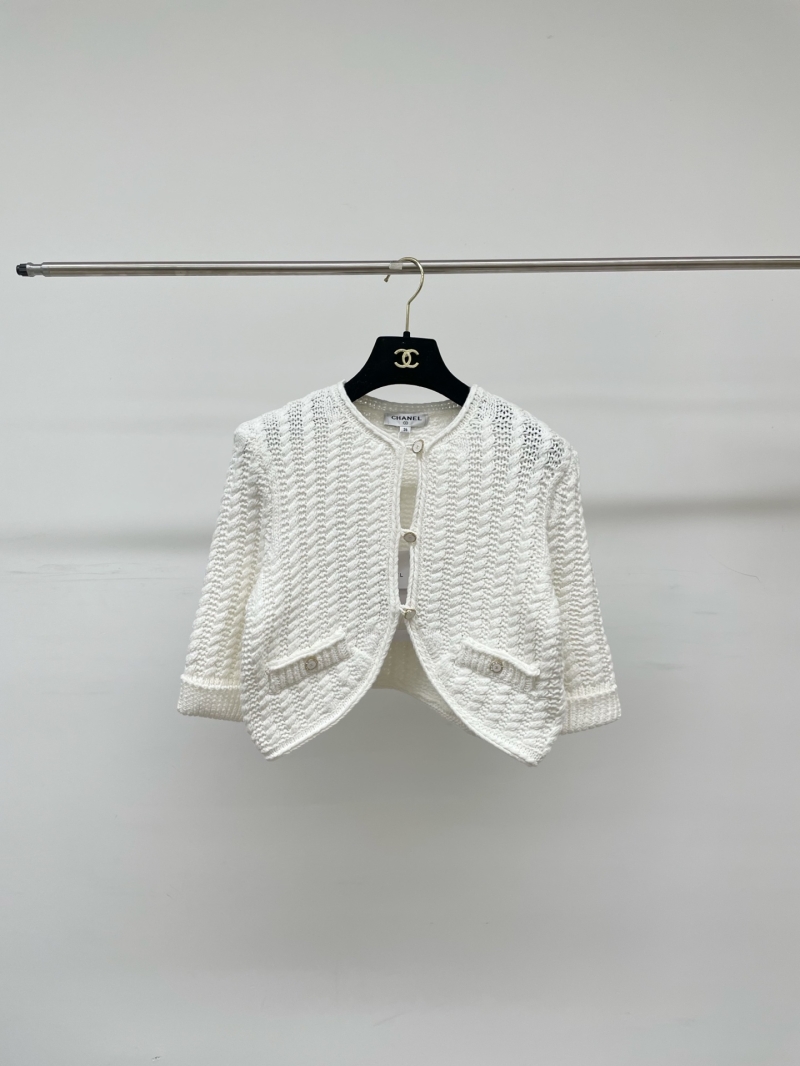 CHANEL White Cropped Textured Knit Cardigan Jacket
