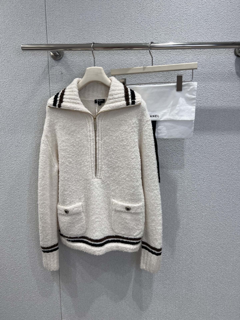 Chanel Off-White Textured Half-Zip Sweater with Contrast Trim