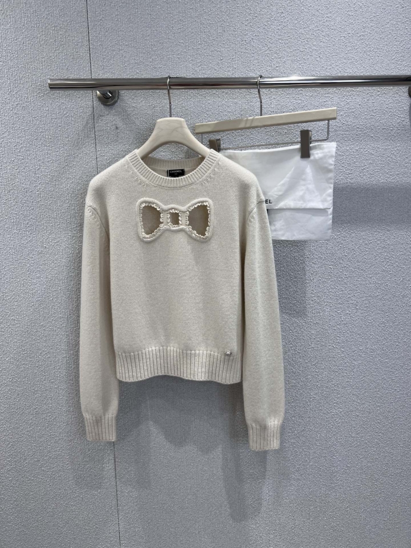 CHANEL High-Couture Knitted Jumper | Signature Bow Cutout, Handcrafted Embellishments, Light Ivory
