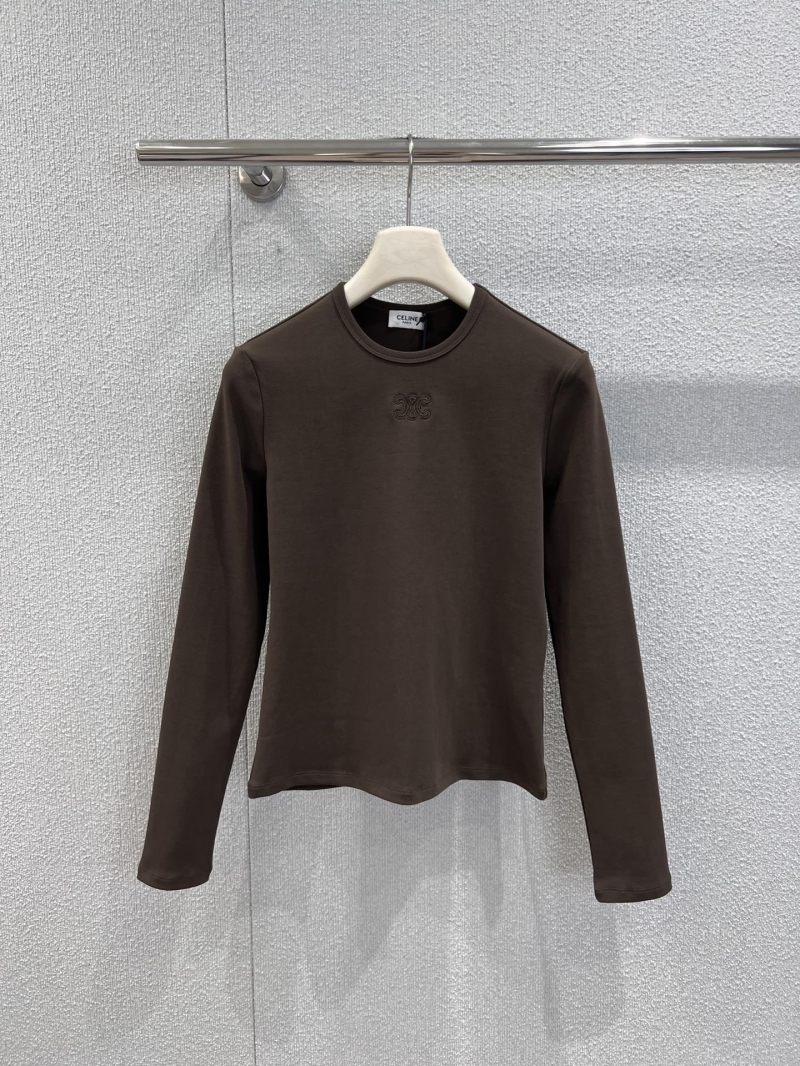 Celine Long-Sleeved T-Shirt in Rich Brown, Featuring Subtle Triomphe Embroidery and a Tailored Fit