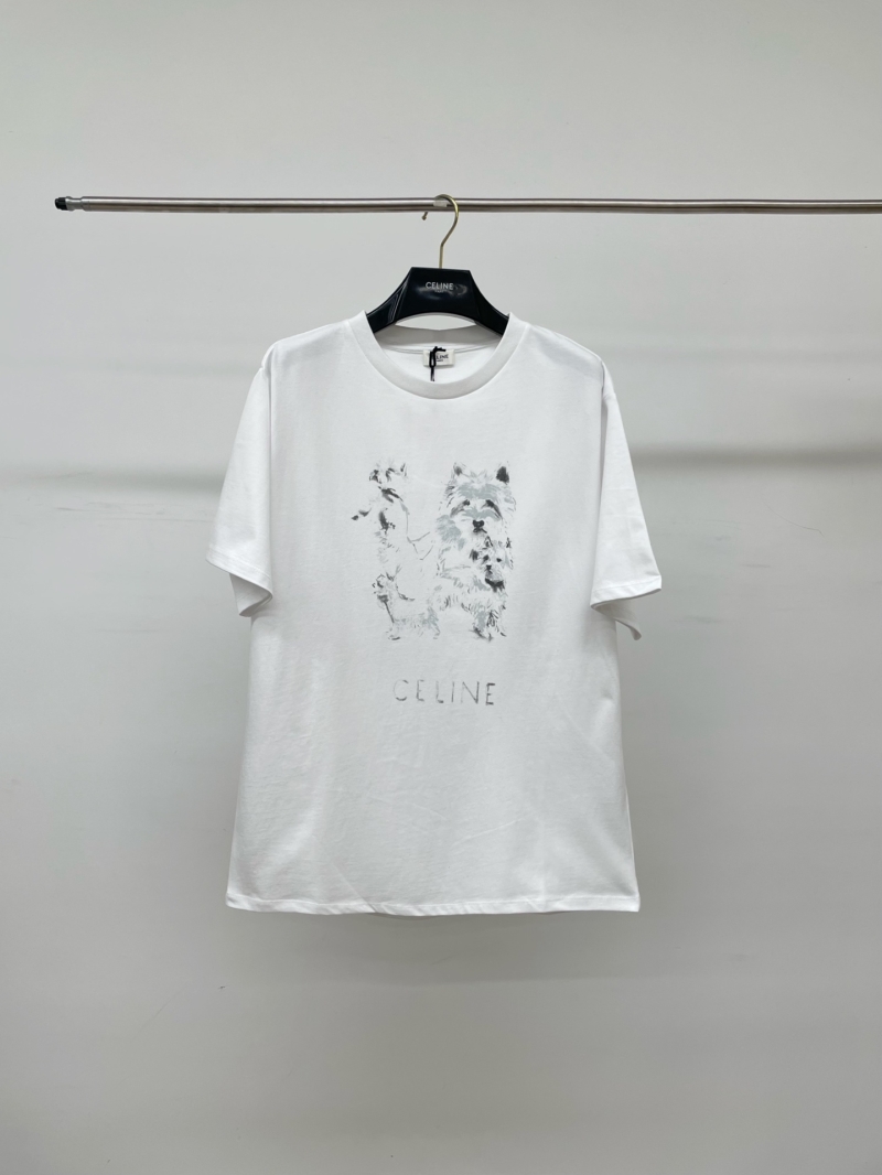 CELINE Exquisite White Crewneck T-Shirt with Signature Dog Graphic Print | Relaxed Fit Luxury Tee