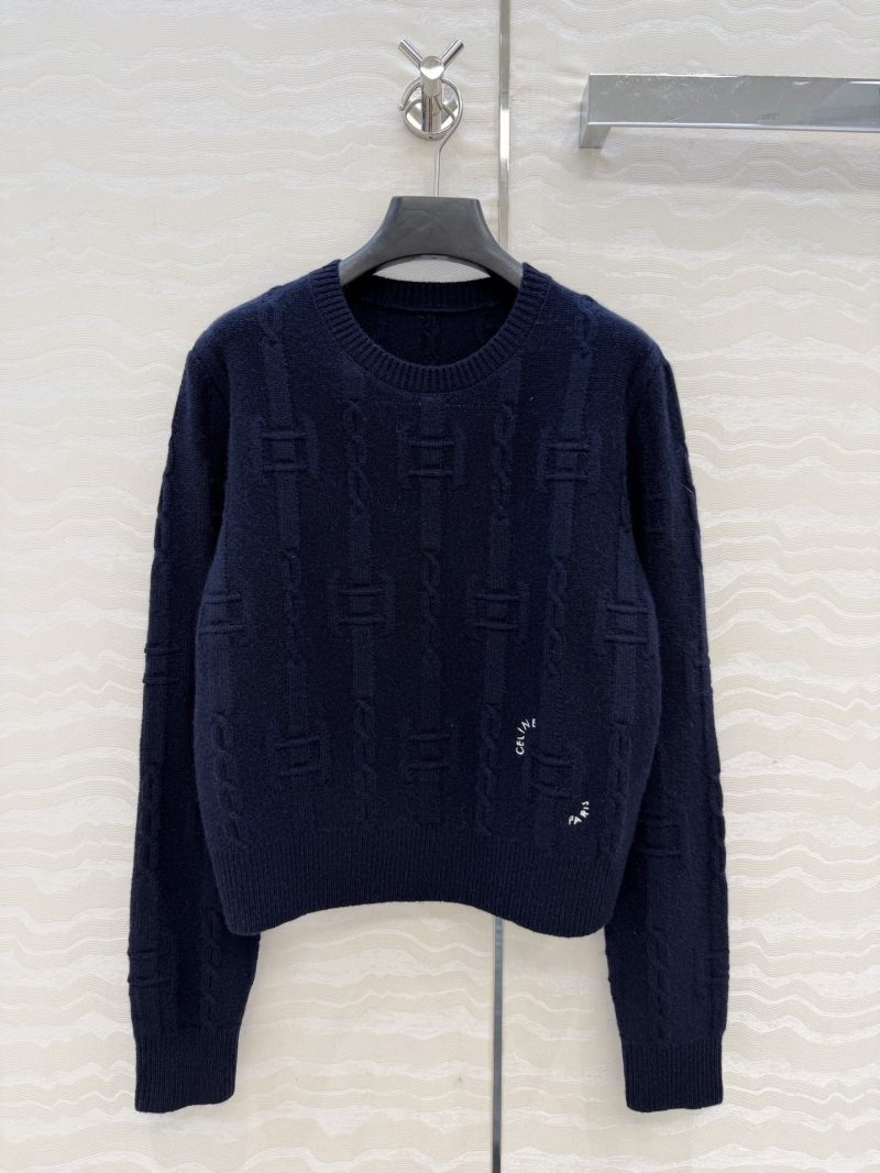 Celine Signature 100% Cashmere Crewneck Sweater in Deep Navy Blue | Chain-Link Jacquard & Cropped Fit