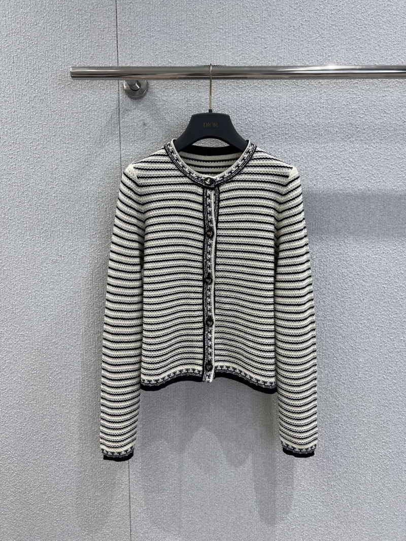 Dior 26SS Early Spring Woven Stripe Knit Cardigan - Black & Cream Cropped Cardigan with Contrast Trim, Artisan Craftsmanship, Timeless Stripes