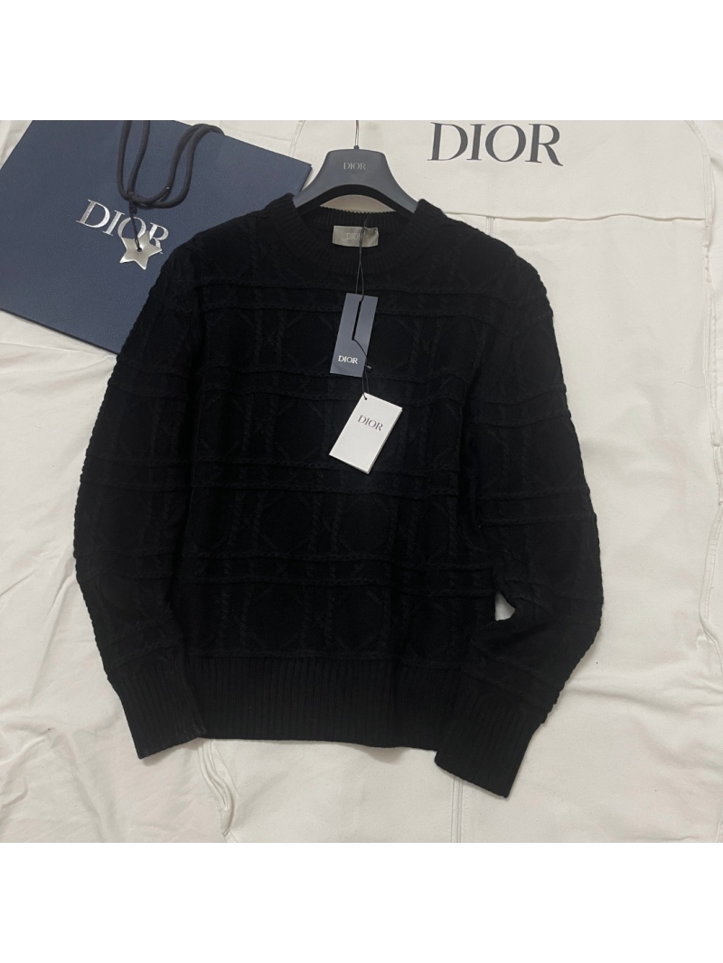 Dior Black Cable-Knit Sweater, Unisex, 100% Cashmere, Textured Geometric Pattern, Ribbed Trim