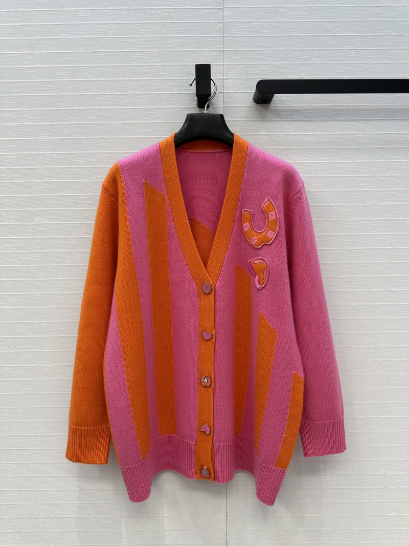 Hermès Double-Knit Cashmere Cardigan | Autumn Winter New Arrival | V-Neck, Color-Block Design, 3D Embroidered Horseshoe Logo