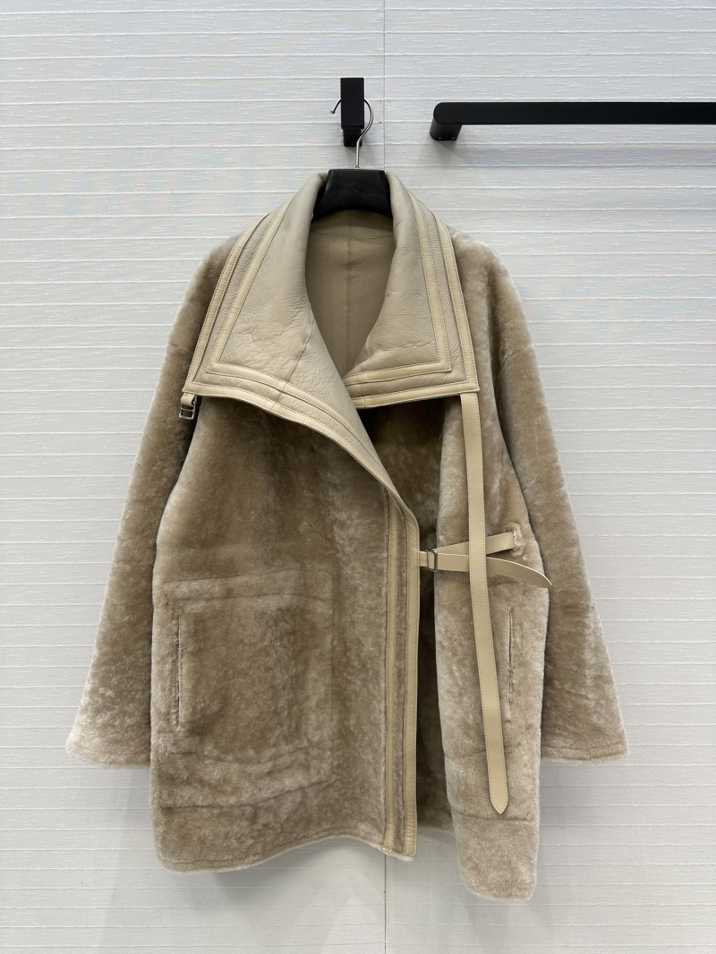 Hermès Minimalist Spanish Merino Shearling Coat - Oversized Belted Collar - Beige