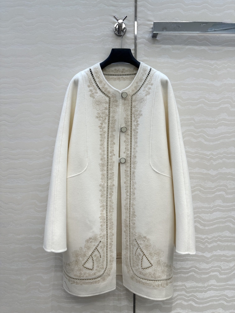 Hermès Opulent Ivory Double-Faced Wool and Cashmere Long Coat with Artisan Openwork Embroidery