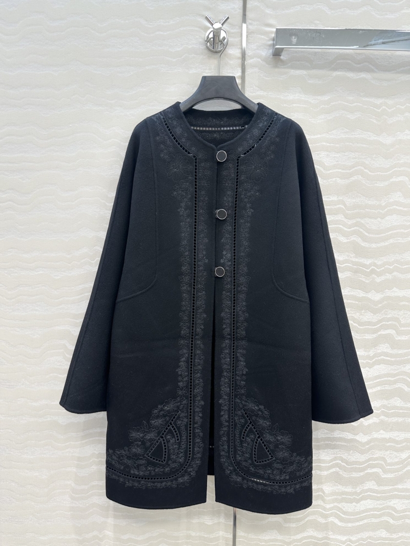 Hermès Limited Edition Black Cashmere-Blend Long Coat with Heavy Handcrafted 3D Cutout Embroidery