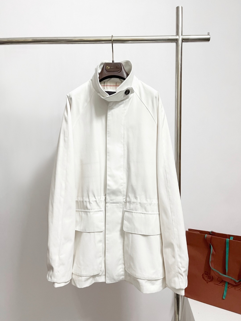 Loro Piana Turn-Collar Mid-Length Trench Coat Jacket in Pure White Cotton with Detachable Windproof Collar and Plaid Lining