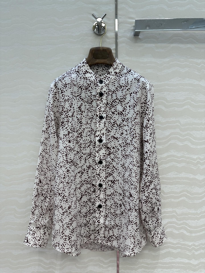 Loro Piana Thea 100% Linen Blouse with Andre Pio Fireworks Print and Elegant Round Collar, Ivory/Maroon