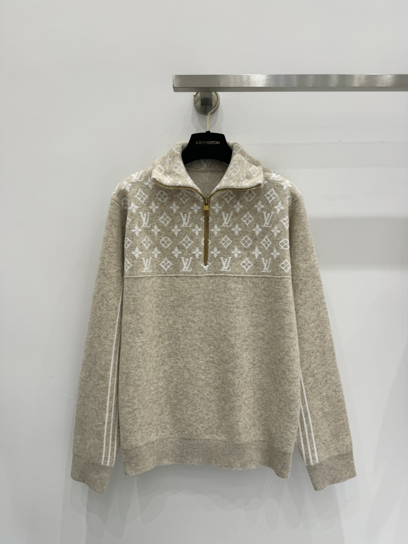 Louis Vuitton Monogram Knit Half-Zip Pullover Sweater in Oatmeal - Embroidered Luxury Wool Blend, Relaxed Fit