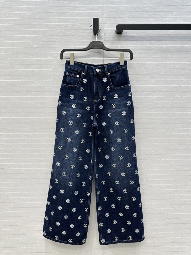 Louis Vuitton Ski Collection Monogram Embroidered Beaded Denim Trousers - Deep Indigo Blue, High-Rise Straight-Leg Jeans, Artisan Craftsmanship, Custom Metal Hardware, Vintage Enzyme Wash