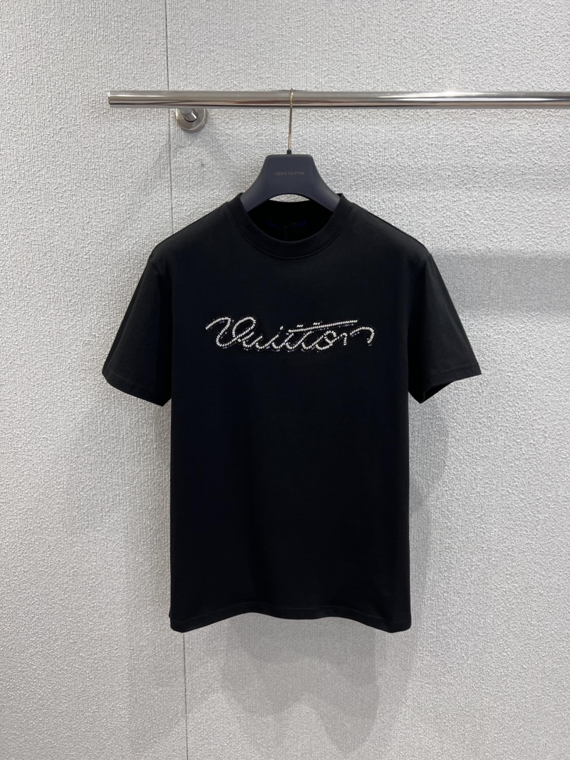 Louis Vuitton Unisex Beaded Embroidery T-Shirt - Exquisite Black Cotton Crewneck