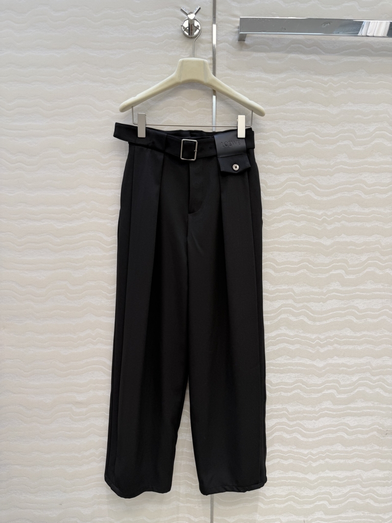 Loewe Black Cotton Twill Wide-Leg Trousers | Mid-Rise Tailored Pants with Logo Belt Detail