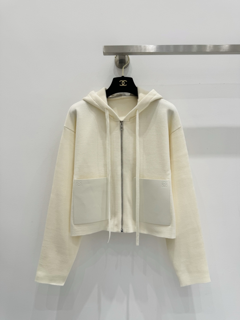 Loewe Cropped Hoodie in Creme - Minimalist Luxury with Leather Patch Pockets