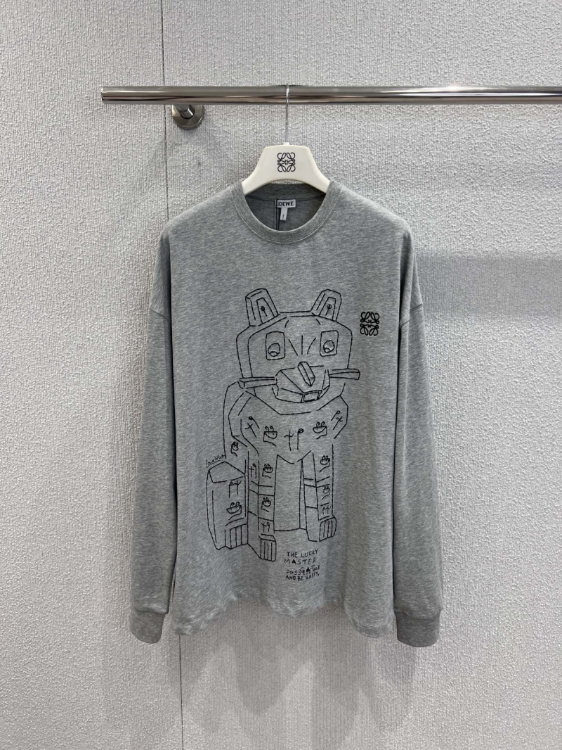Loewe Long-Sleeve Crewneck Sweatshirt - Heather Gray with Artistic Robot Bear Graphic, Relaxed Fit