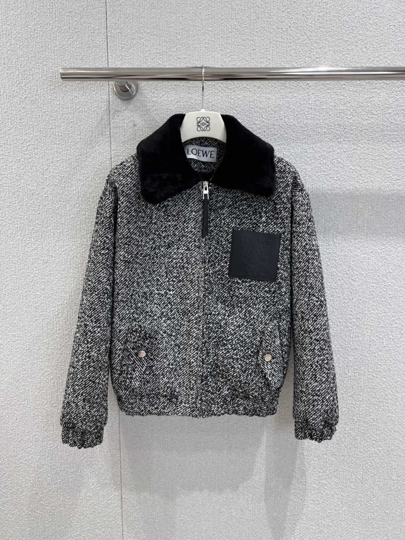 Loewe 25Fw Luxury Wool Blend Faux Fur Collar Bomber Jacket | Black & White Herringbone Tweed | Relaxed Fit