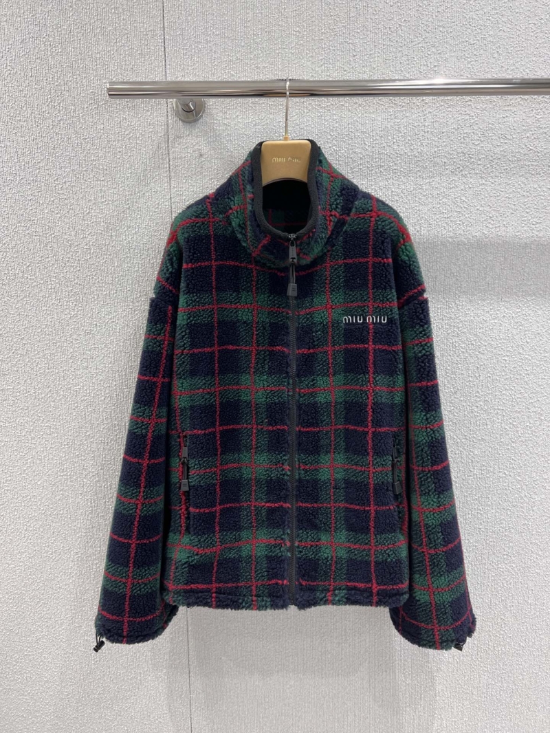 Miu Miu Early Spring New Plaid Fleece Jacket | High-Neck Sherpa Coat with Embroidered Logo, Adjustable Drawstrings, and Zippered Pockets