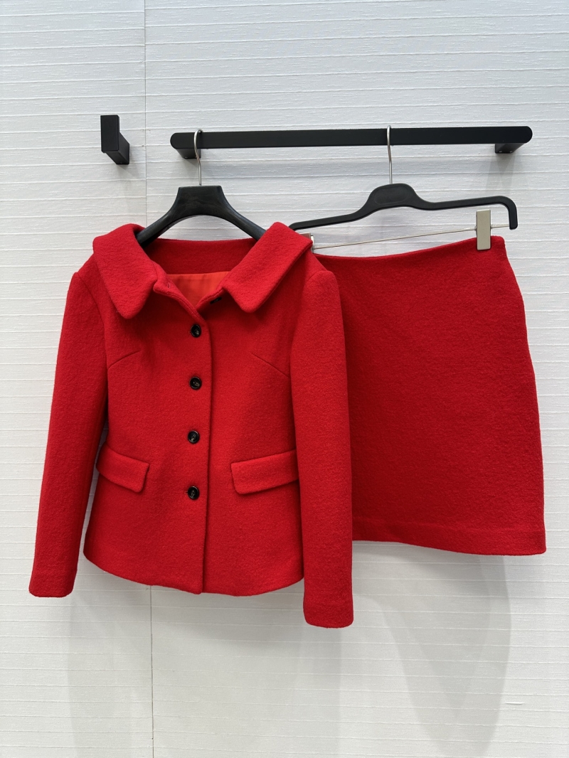 Miu Miu Wool Vintage French Young Aristocrat Suit Set - Red Short Blazer & Pencil Skirt