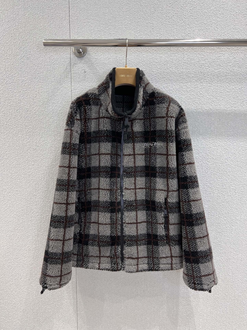 Miu Miu Plaid Fleece Jacket - Cozy High-Density Wool Blend, Stand Collar, Zippered Pockets, Retro Scholar Aesthetic in Light Gray, Black & Brown