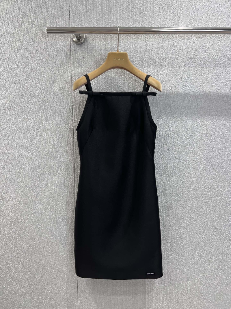 Miu Miu Signature A-Line Sleeveless Dress in Matte Black Satin with Bow Detail