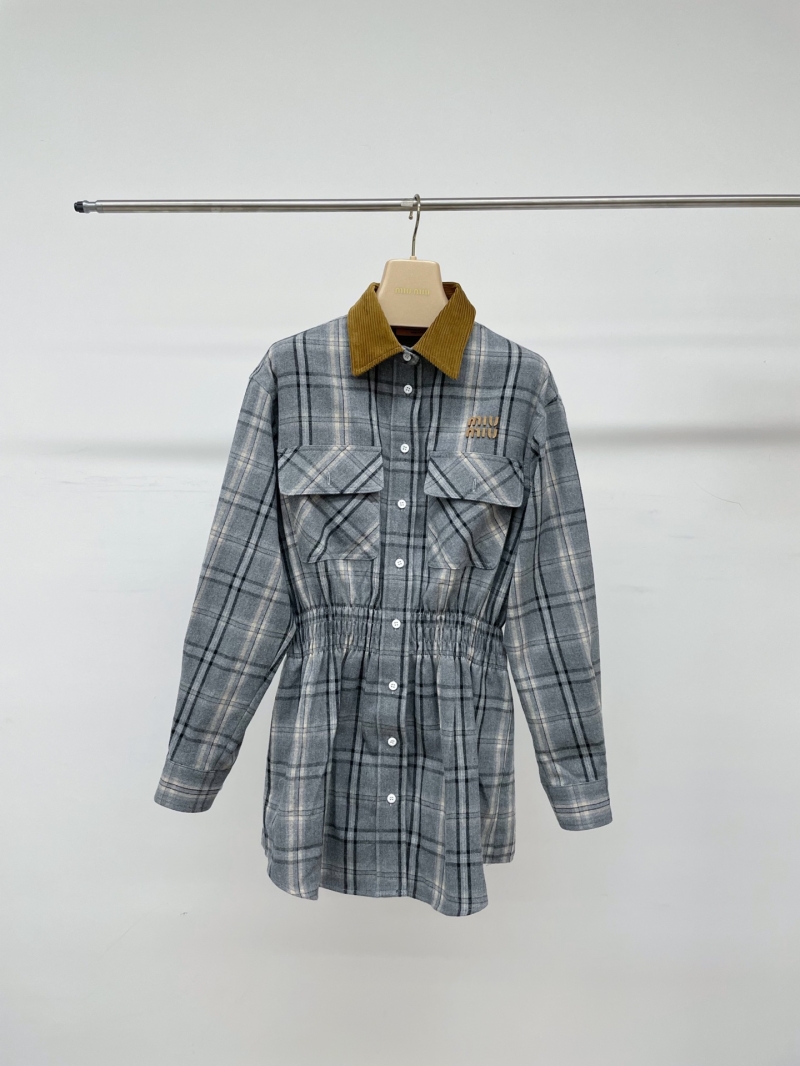 Miu Miu 2025 New Plaid Wool Mini Dress | Contrast Corduroy Collar