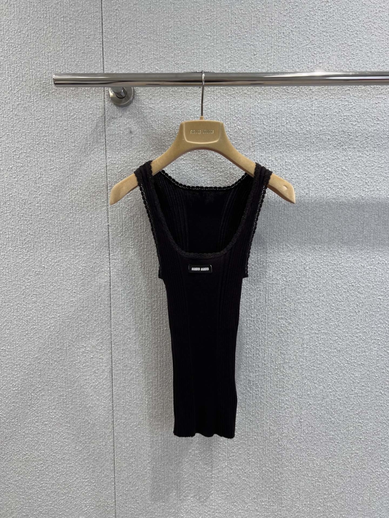 Miu Miu Black Ribbed Knit Vest | Exquisite Wool, Lace Trim Detail, Signature Mini Logo