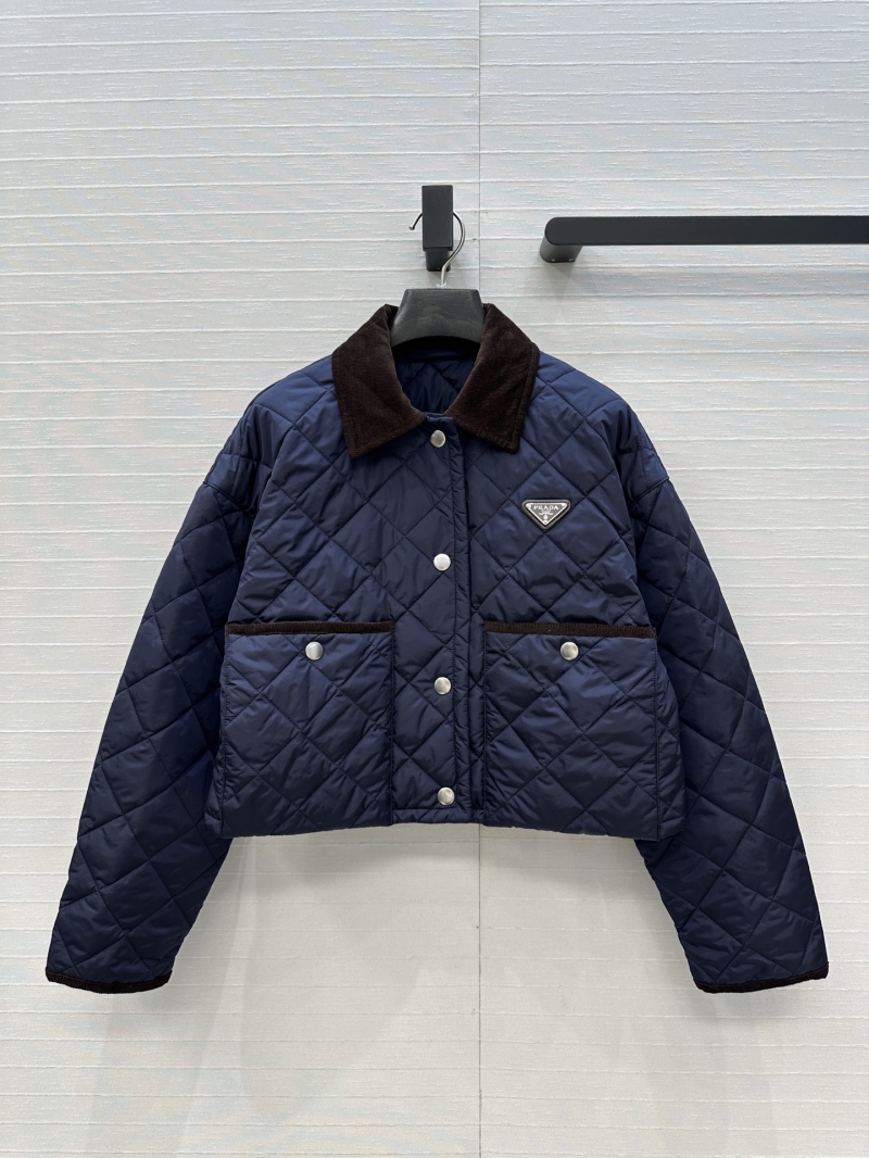 Prada Quilted Cotton Puffer Jacket with Contrast Corduroy Collar, Navy