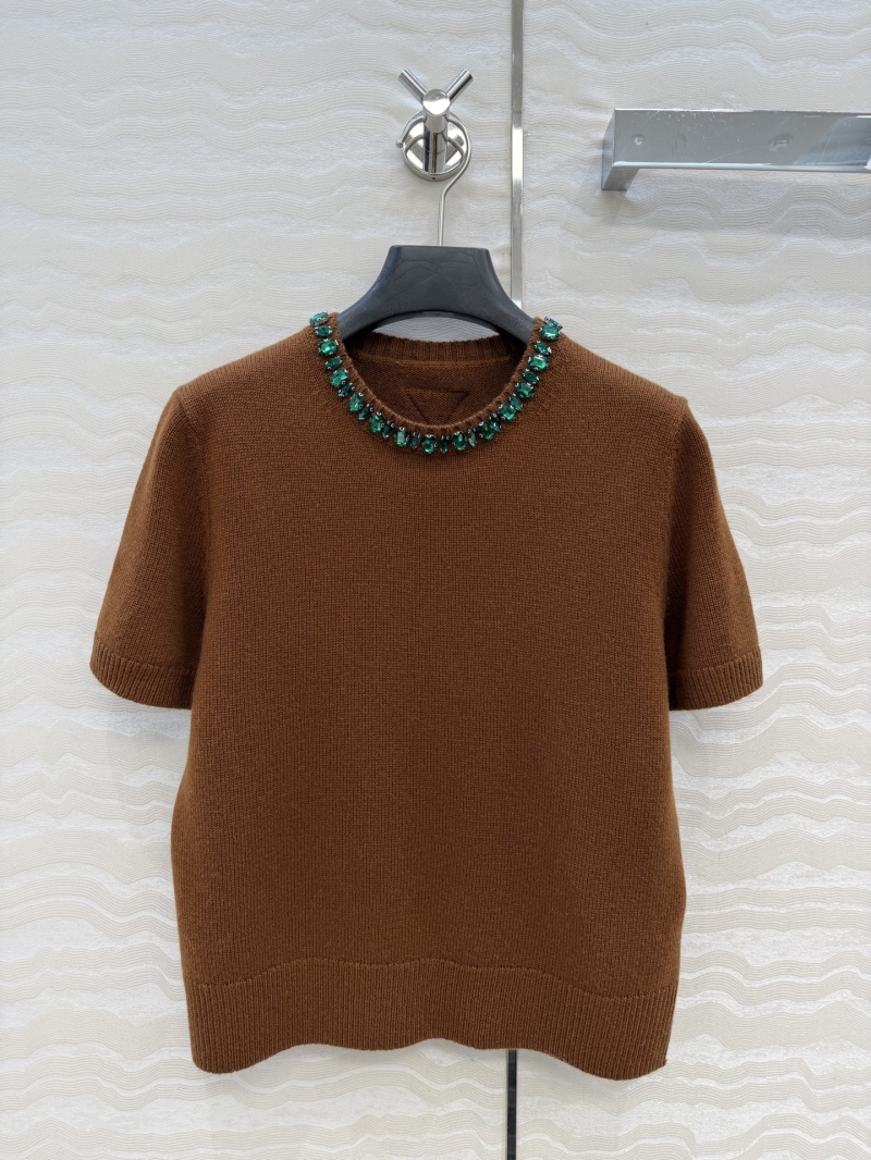 Prada Cashmere Short-Sleeve Sweater with Hand-Set Crystal Collar in Caramel