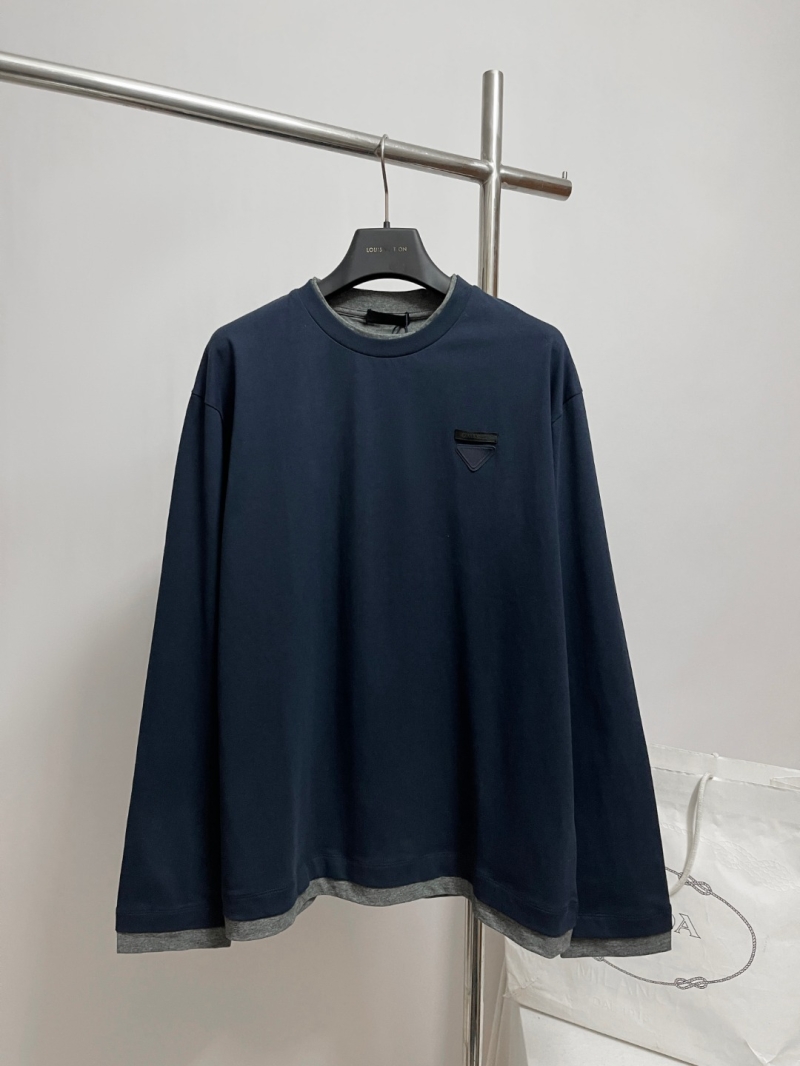 Prada Modern Layered Long-Sleeve Crewneck Sweatshirt in Deep Navy Blue with Heather Gray Trim - Minimalist Logo, Relaxed Fit, Luxury Cotton Blend