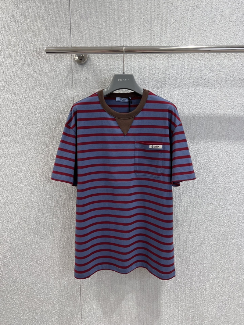 Prada Elevated Striped Cotton T-Shirt | Oversized Fit, Signature Logo Pocket in Dusty Blue and Maroon