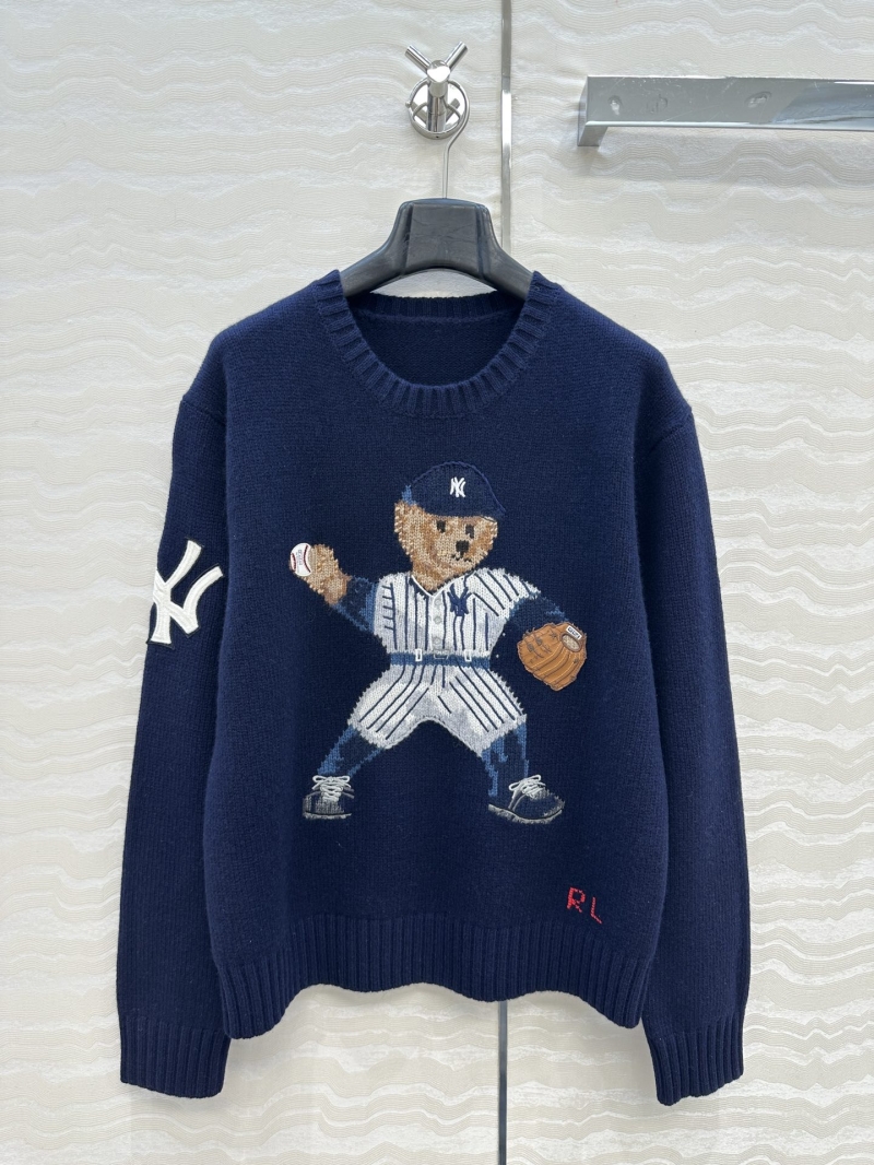Ralph Lauren Signature 100% Imported Wool Pullover: Exquisite Polo Bear Baseball Intarsia Sweater (Deep Navy)