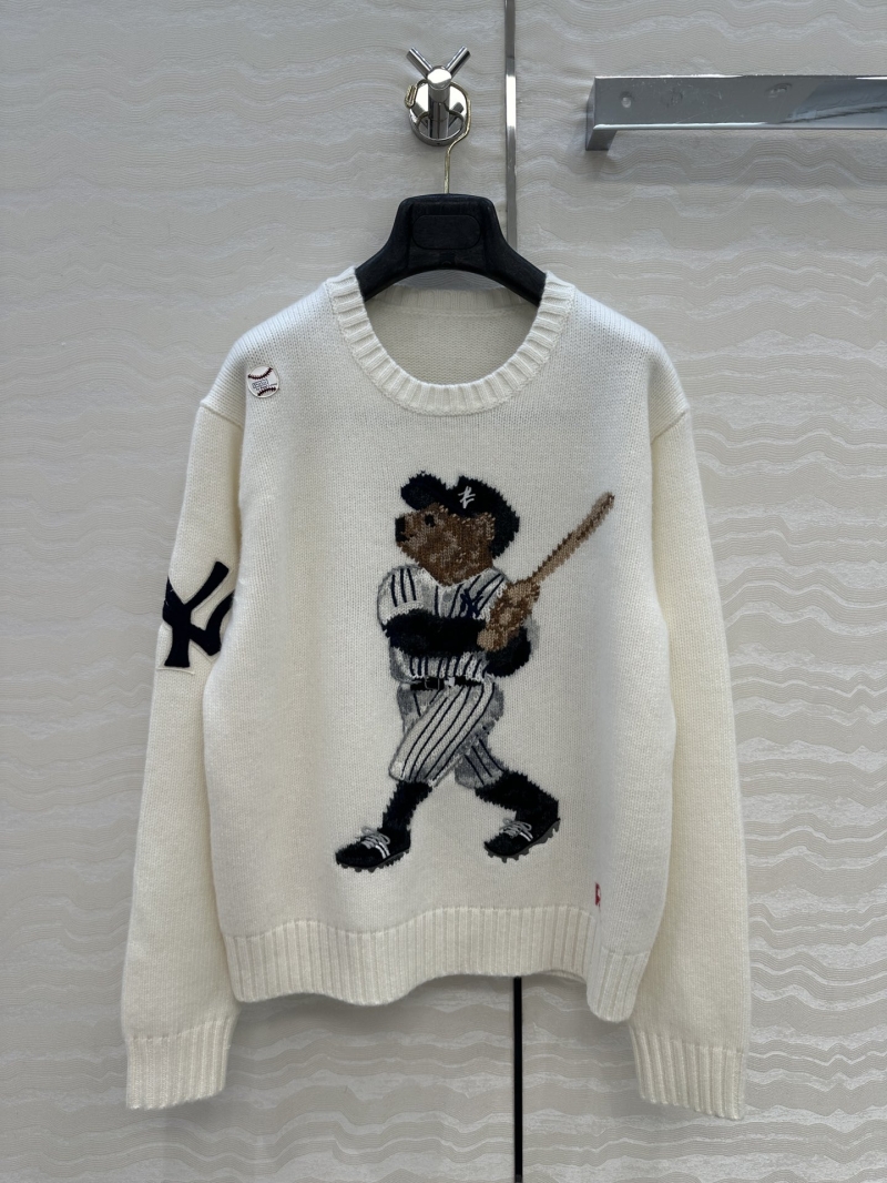 Ralph Lauren Opulent 100% Imported Wool Polo Bear Baseball Sweater - Korean Collaboration, Artisan Intarsia Knit in Cream