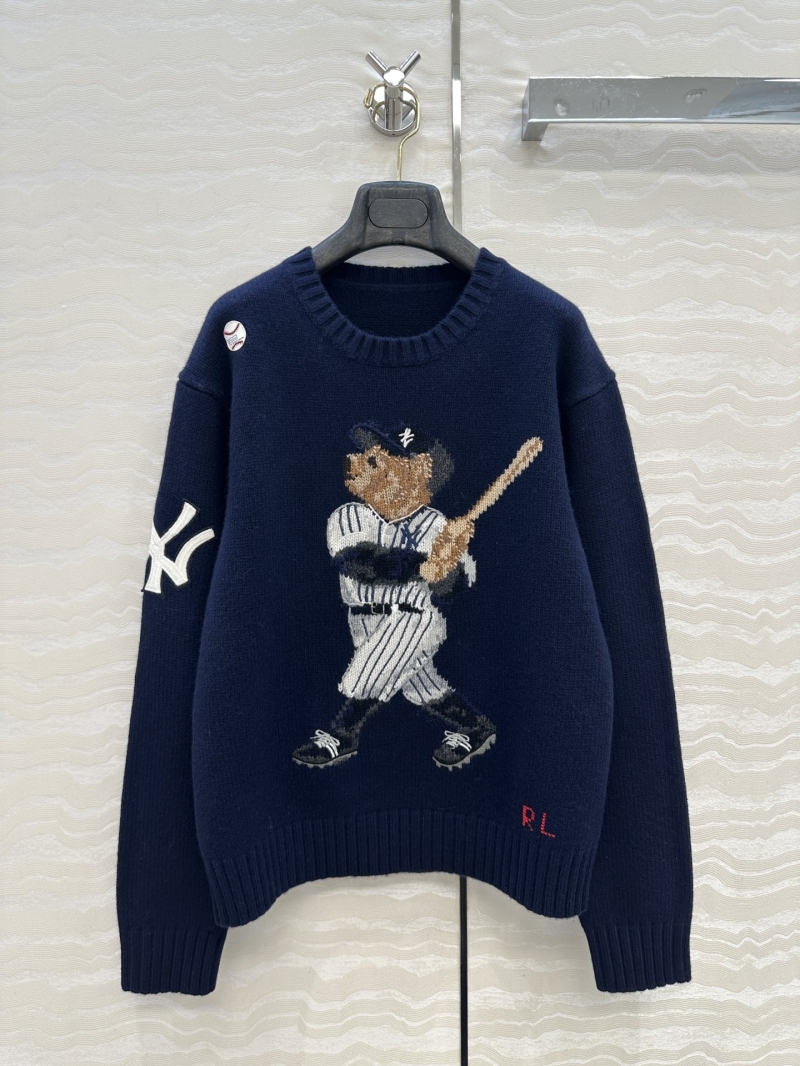 Ralph Lauren Signature 100% Wool Pullover Sweater: Navy Baseball Polo Bear Intarsia Knitwear