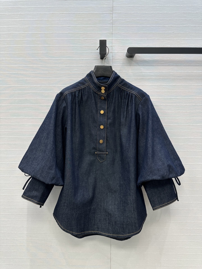 Zimmermann Starry Night Black Denim Shirt with Vintage Metal Buttons and Puff Lantern Sleeves