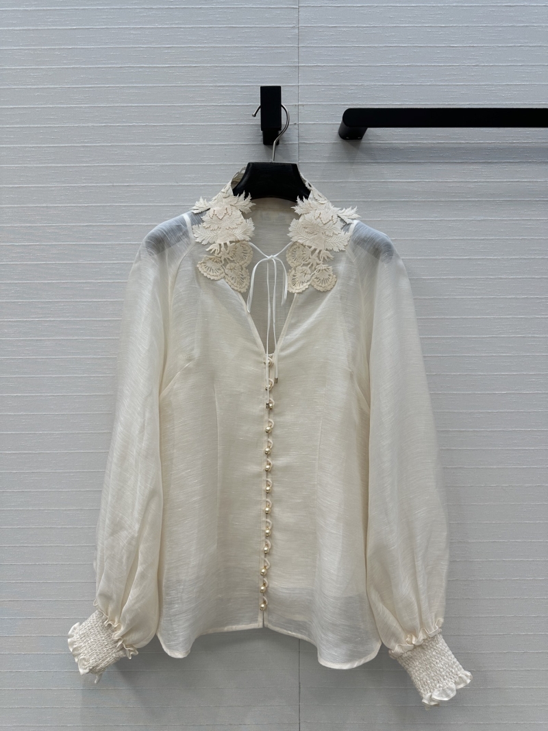 Zimmermann Early Spring French Lace Embroidered Collar Blouse in Silk-Blend Linen