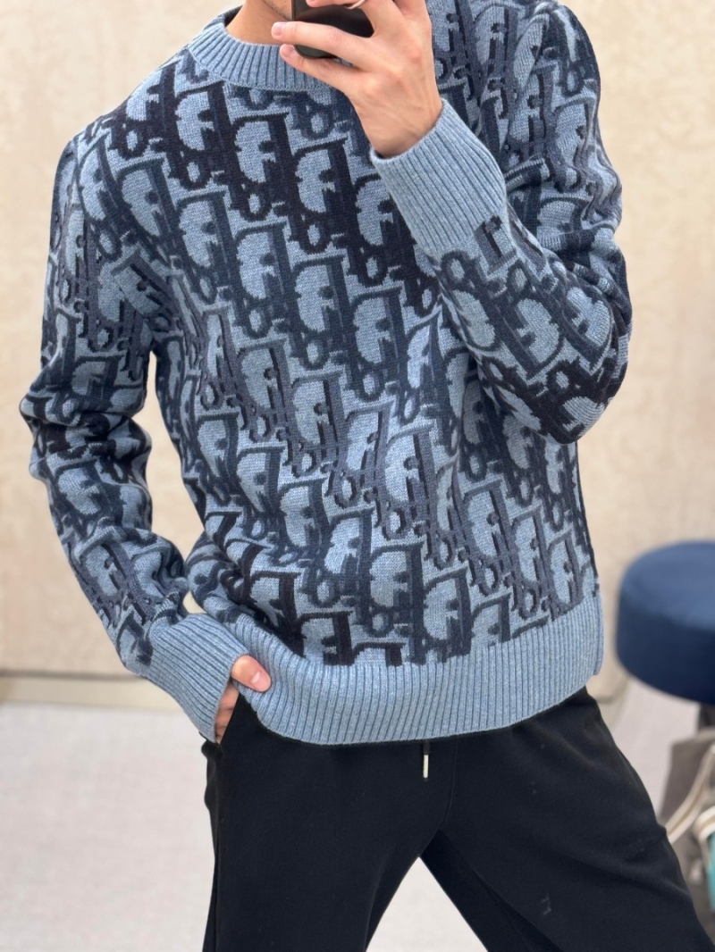 Dior UNISEX CD Monogram Intarsia Knit Sweater in Two-Tone Blue - Crew Neck Wool Pullover