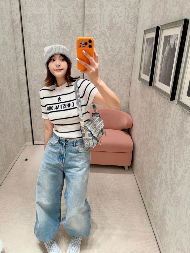 Christian Dior Short-Sleeve Ribbed Knit Sweater | Black & White Striped, Star Logo, Fitted Cropped Silhouette, 100% Cotton