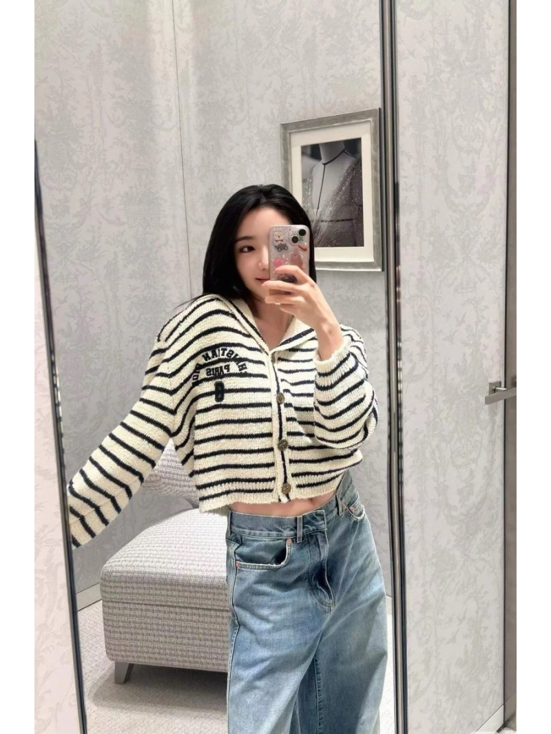 Christian Dior Nautical Breton-Stripe Cropped Knit Cardigan in Cream and Navy Blue | Embroidered Logo, Sailor Collar, Luxury Wool Blend